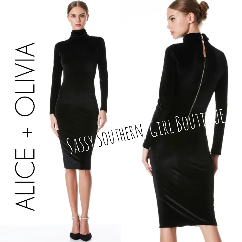 ⭐🆕 ALICE and Olivia black velvet gold zip midi dress